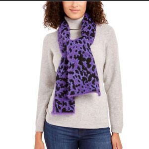 DKNY Fuzzy Animal Print Knit Scarf , Purple
